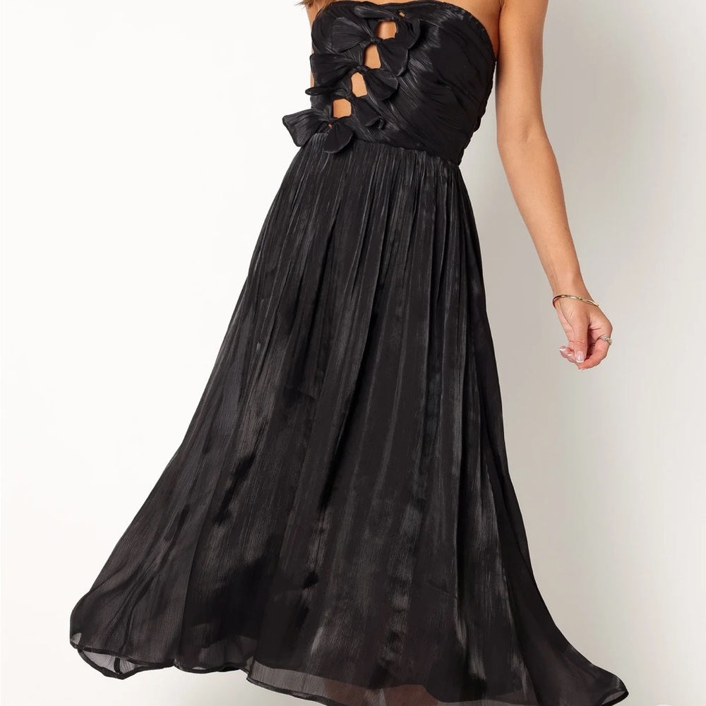 Petal & Pup Strapless Black Bow-Front Midi Dress
